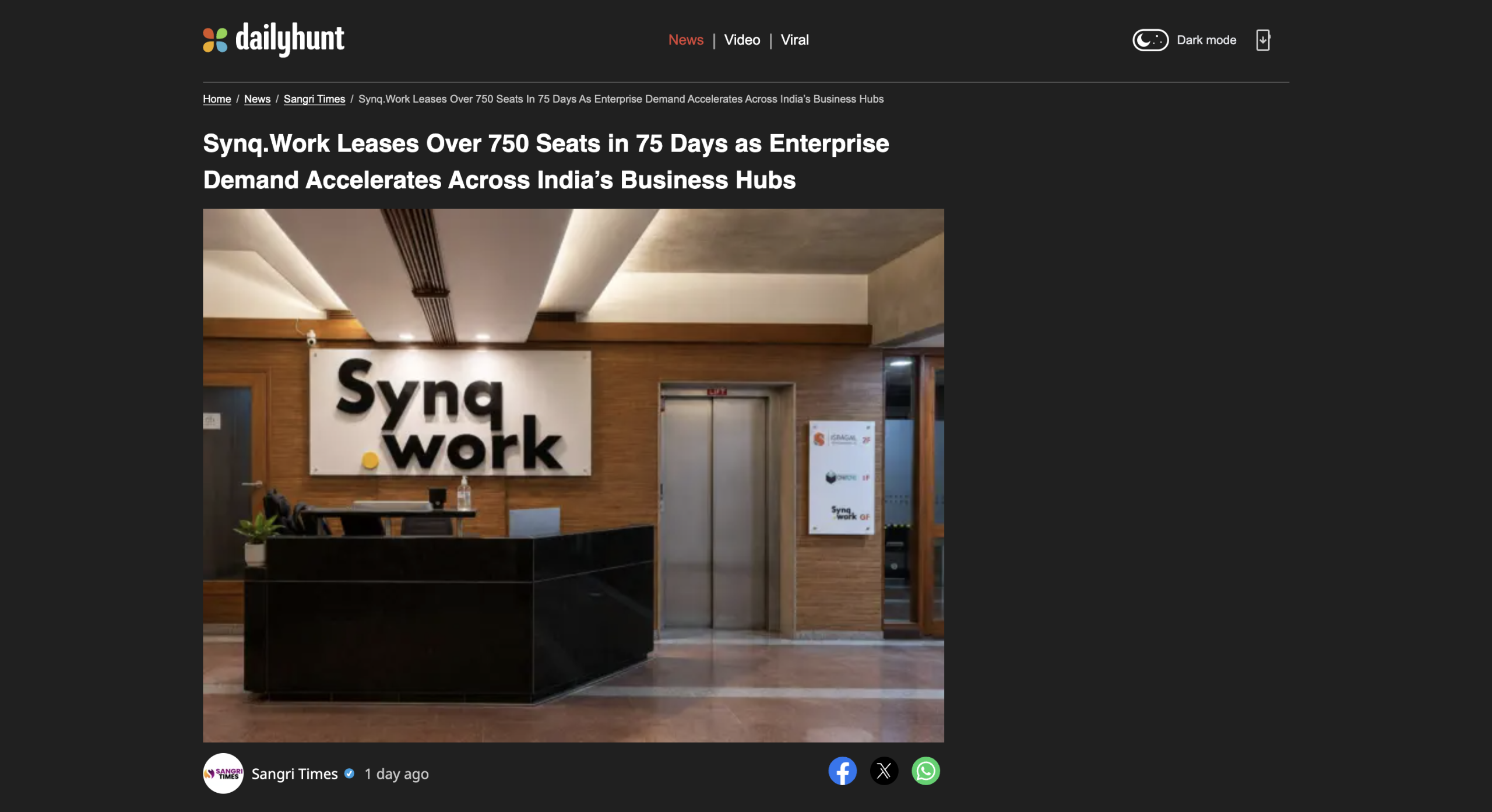 Synq.Work Leases Over 750 Seats in 75 Days by DailyHunt