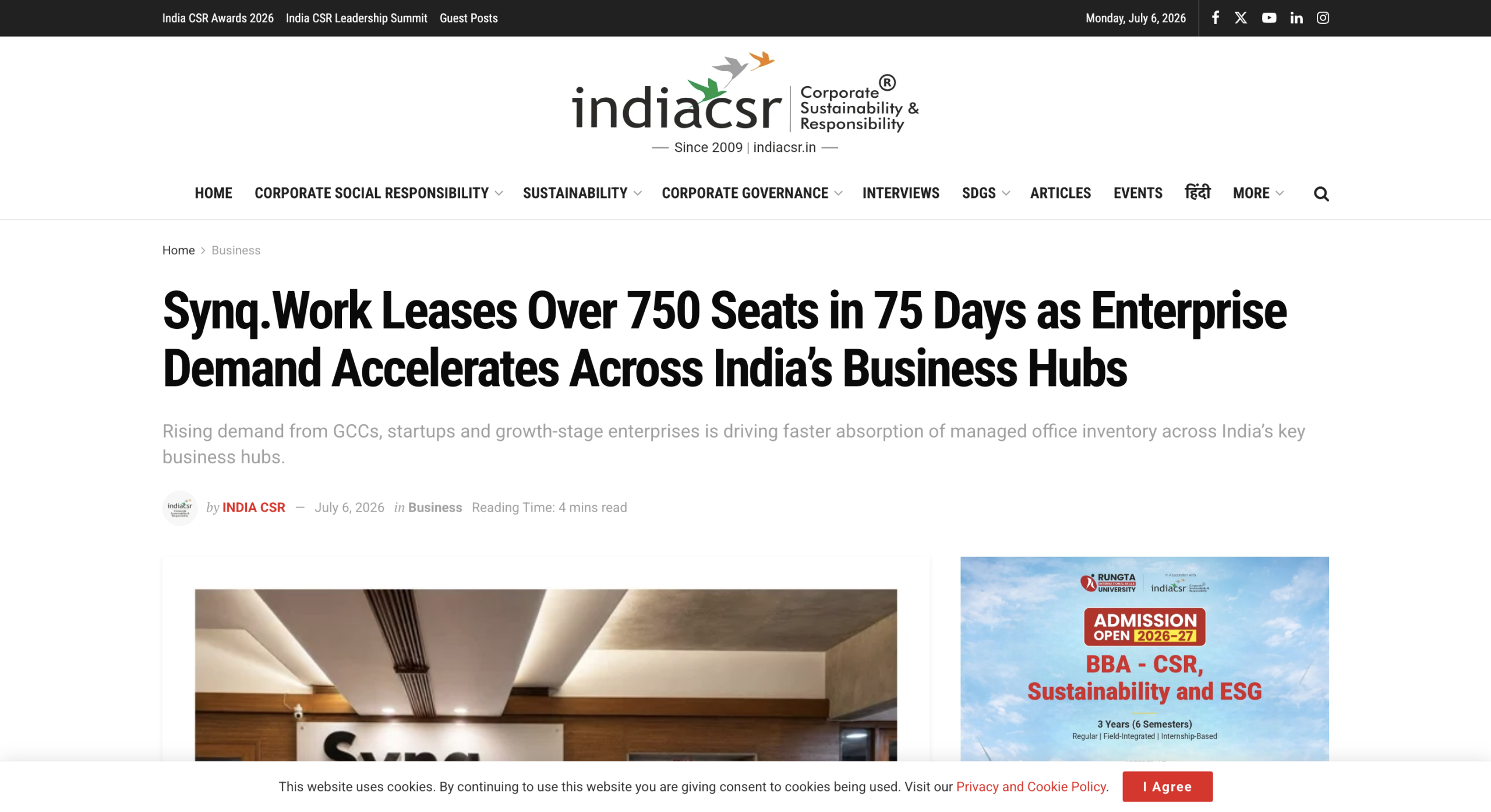 Synq.Work Leases Over 750 Seats in 75 Days by India CSR