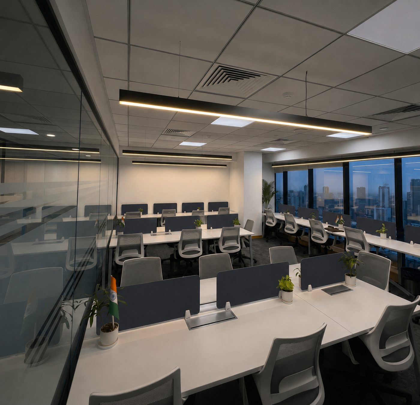 Modern managed GCC office workstation layout with ergonomic seating and city views